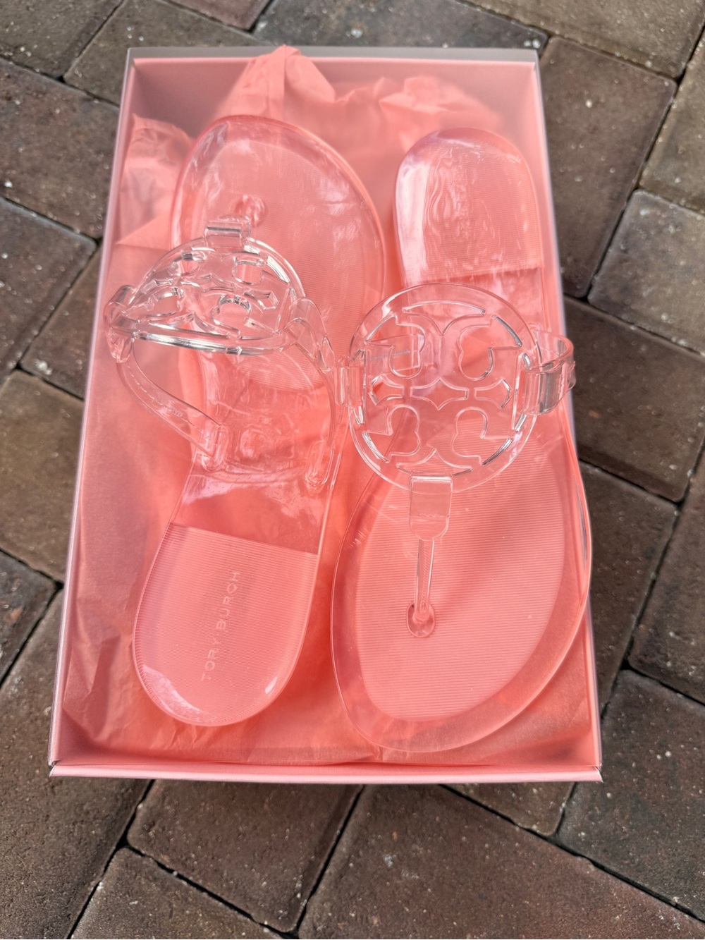 Tory Burch Clear Pink Jelly Logo Thong Sandals